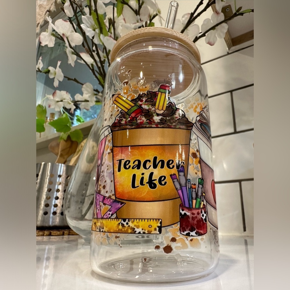 TEACHER LIFE 16 oz Glass Cup Coffee Tea Wine with Bamboo lid and Glass Straw NWT